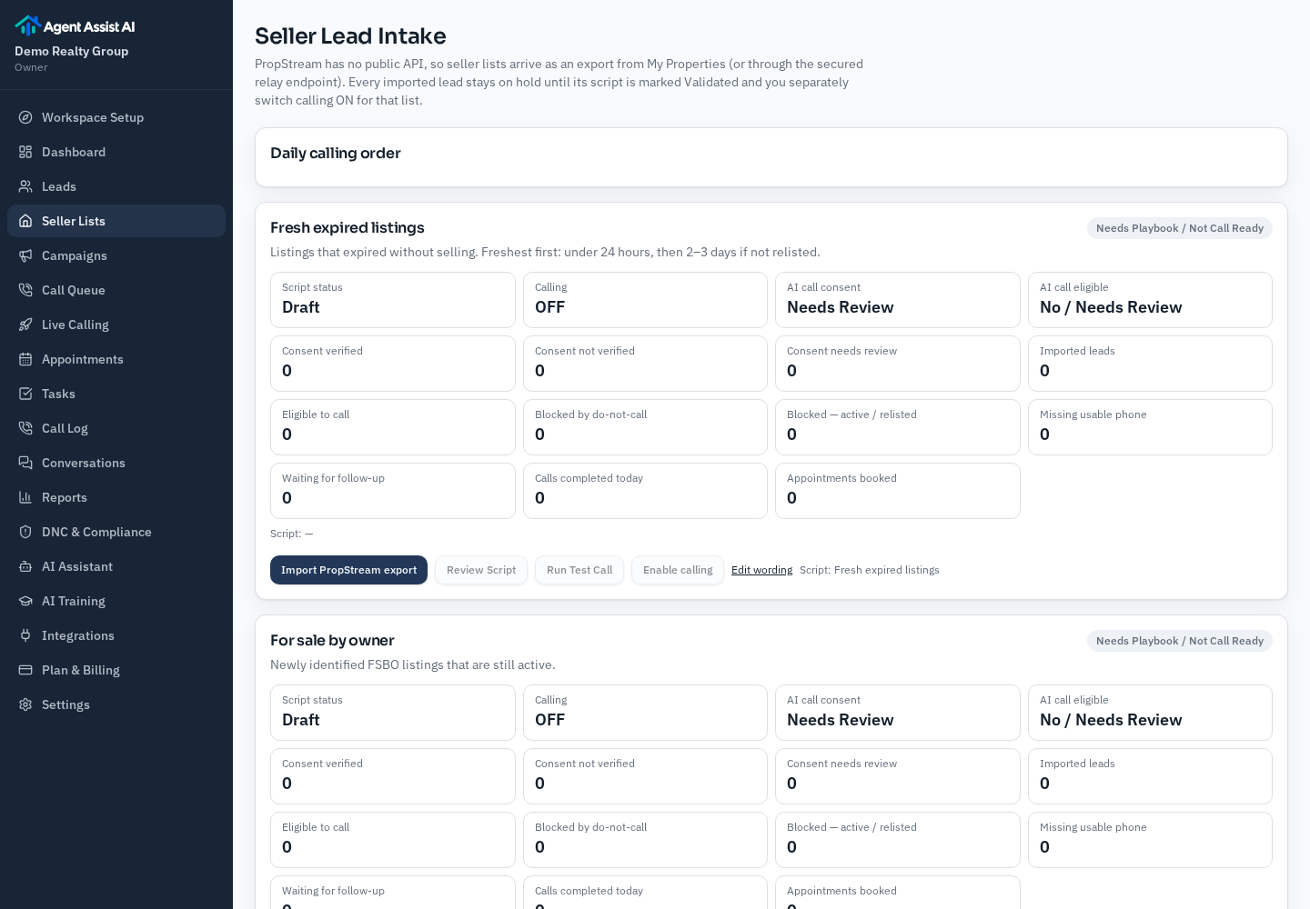 For sale by owner workflow card showing script status Draft, calling OFF and consent counts